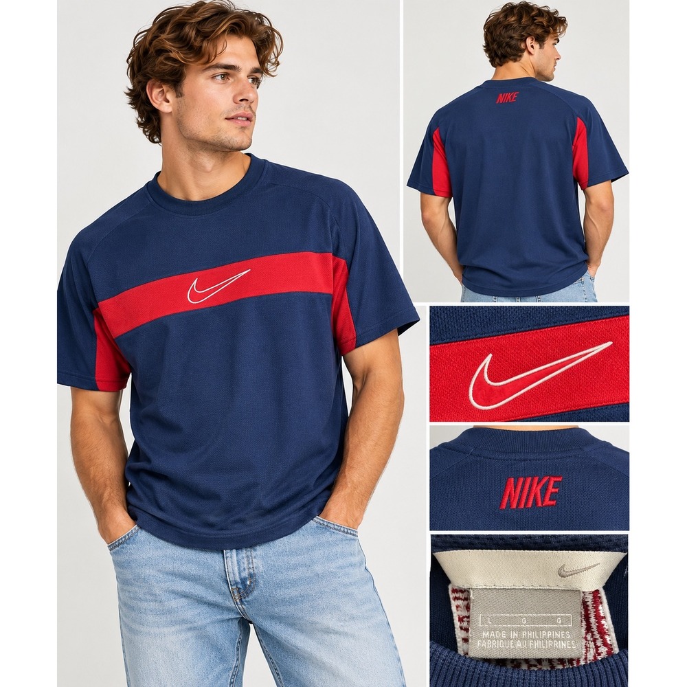 Vintage 2003 Nike Men's Large Navy Red Colorblock Swoosh Y2K Athletic Tee